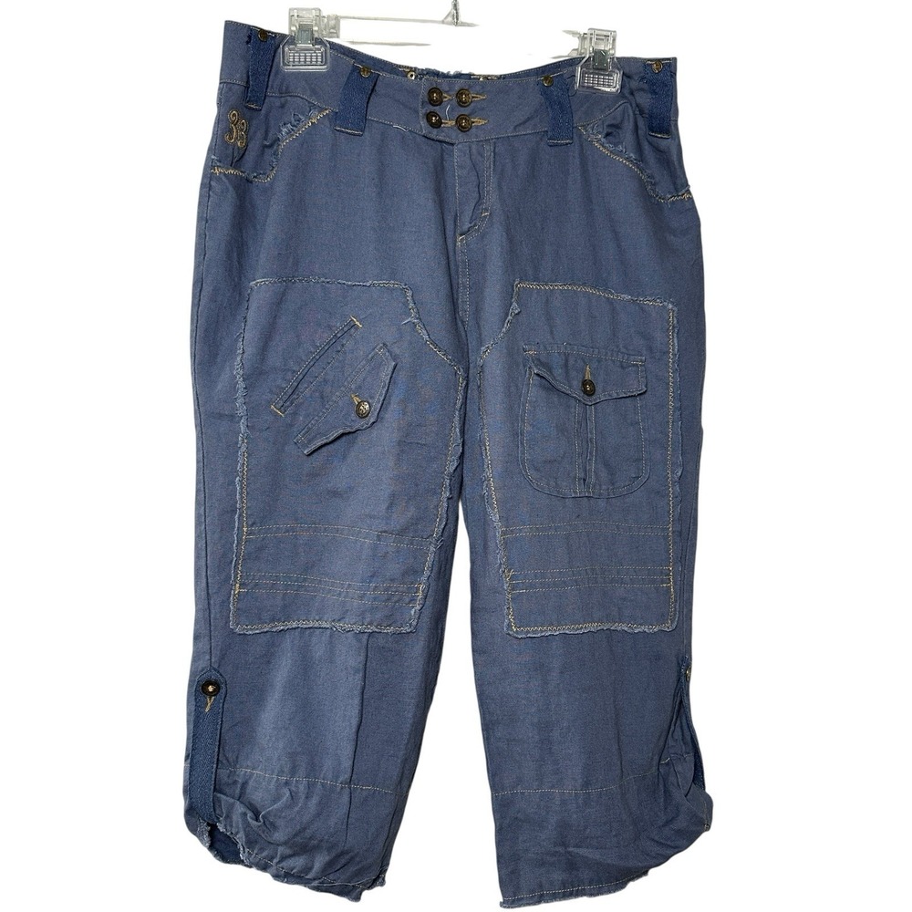 Freddy B 33 100% Linen Safari Capri Pants L Blue Utility Y2K Boho Button Fly